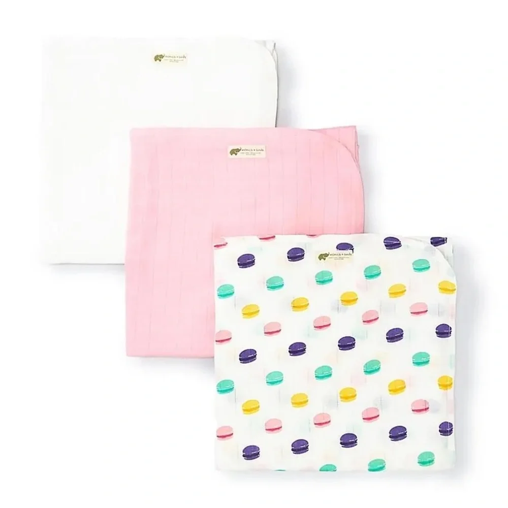Monica + Andy 3 Pack Organic Muslin blanket Set - White, Pink & Macaron Print